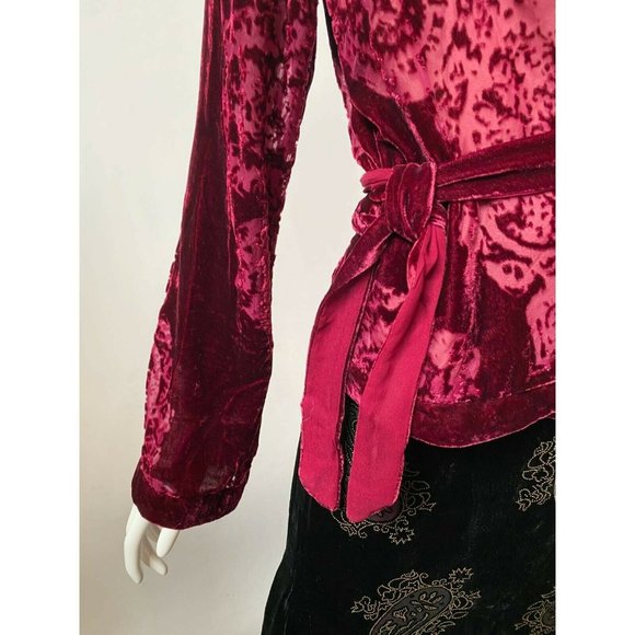 Ice Womens Velvet Wrap Jacket Red Paisley Long Sleeve Tie Collared M - Picture 3 of 12